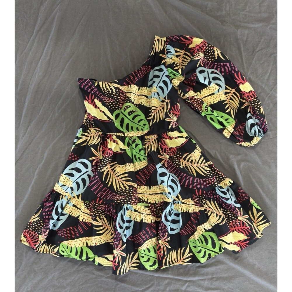 Forever 21 Tropical One Sleeve Short Ruffled Dress Black multi-color Women SzM